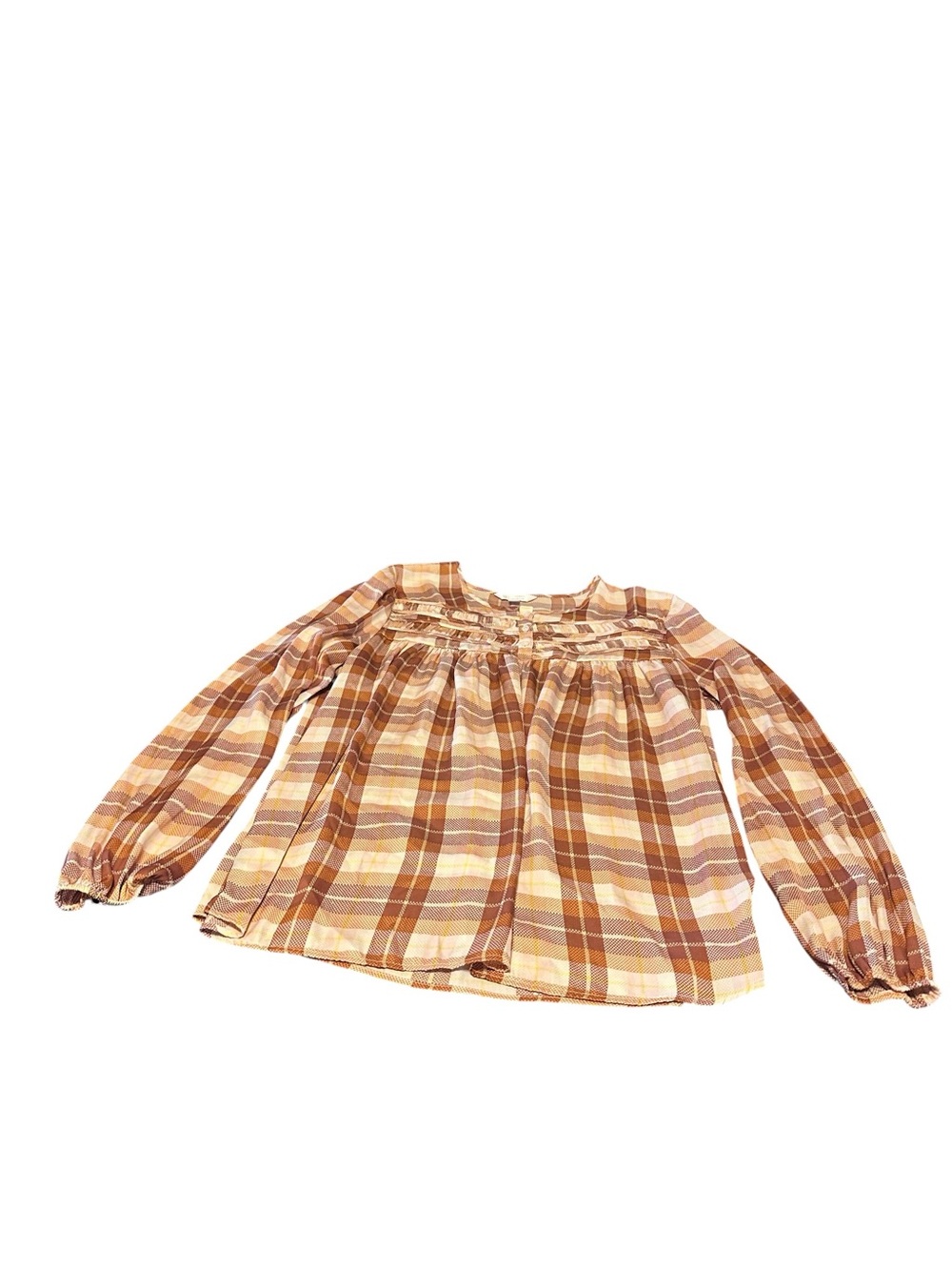 LC Lauren Conrad Brown and Cream Plaid Peasant Top